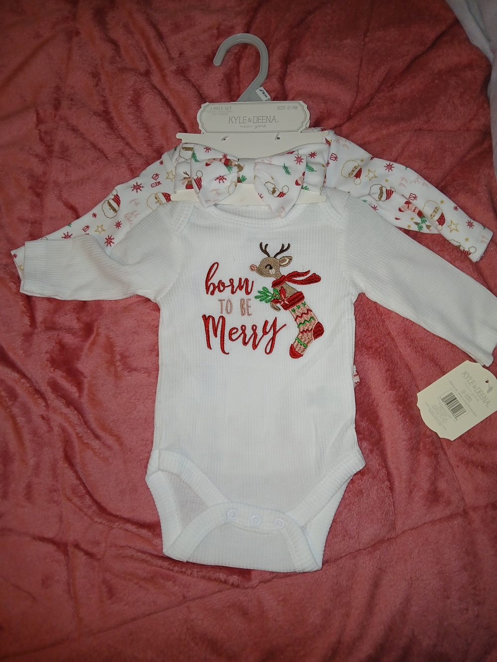 Kyle & Deena NWT 3- Piece Set White Baby Bodysuit "Born to Be Merry"